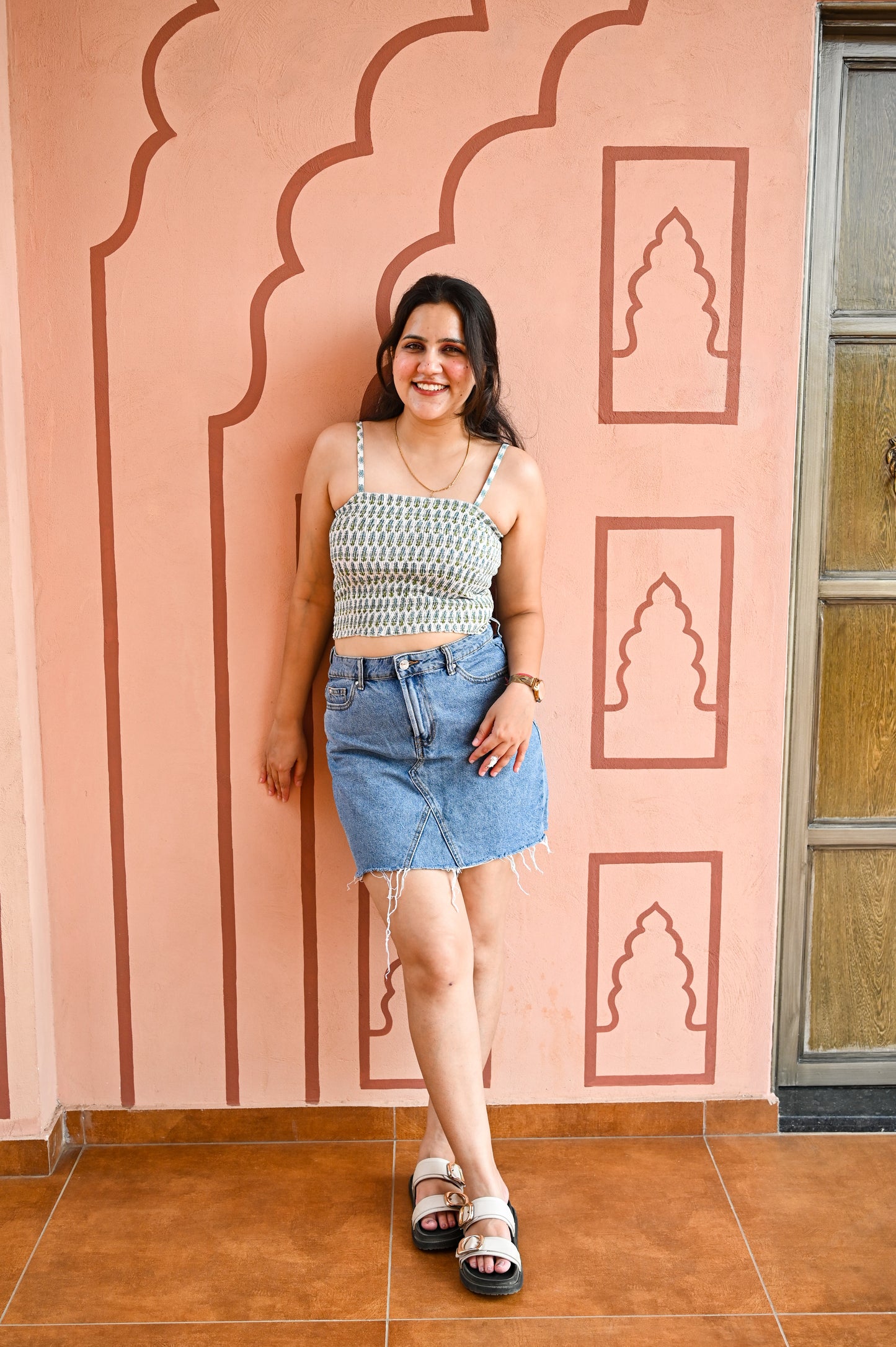 Green & White Printed Smocked Crop Top