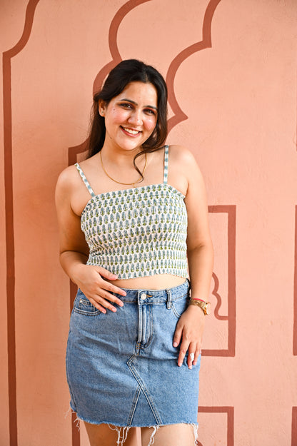 Green & White Printed Smocked Crop Top