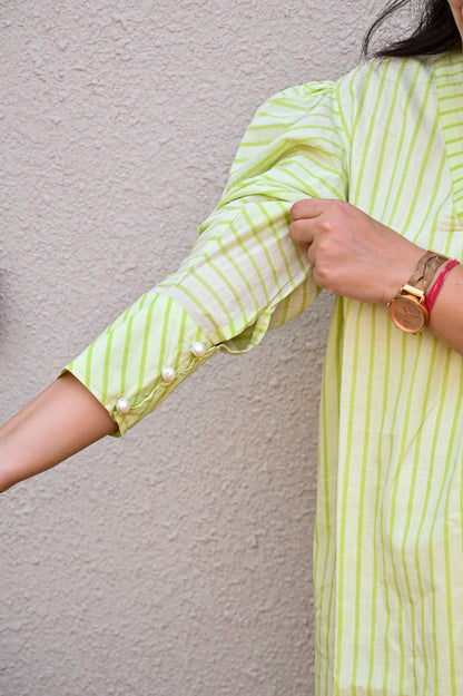 Lime Green Striped V-Neck Midi Dress