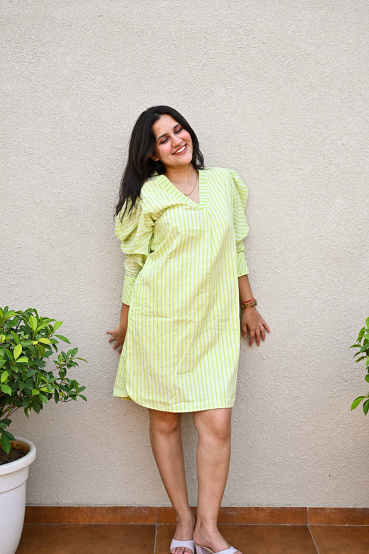 Lime Green Striped V-Neck Midi Dress
