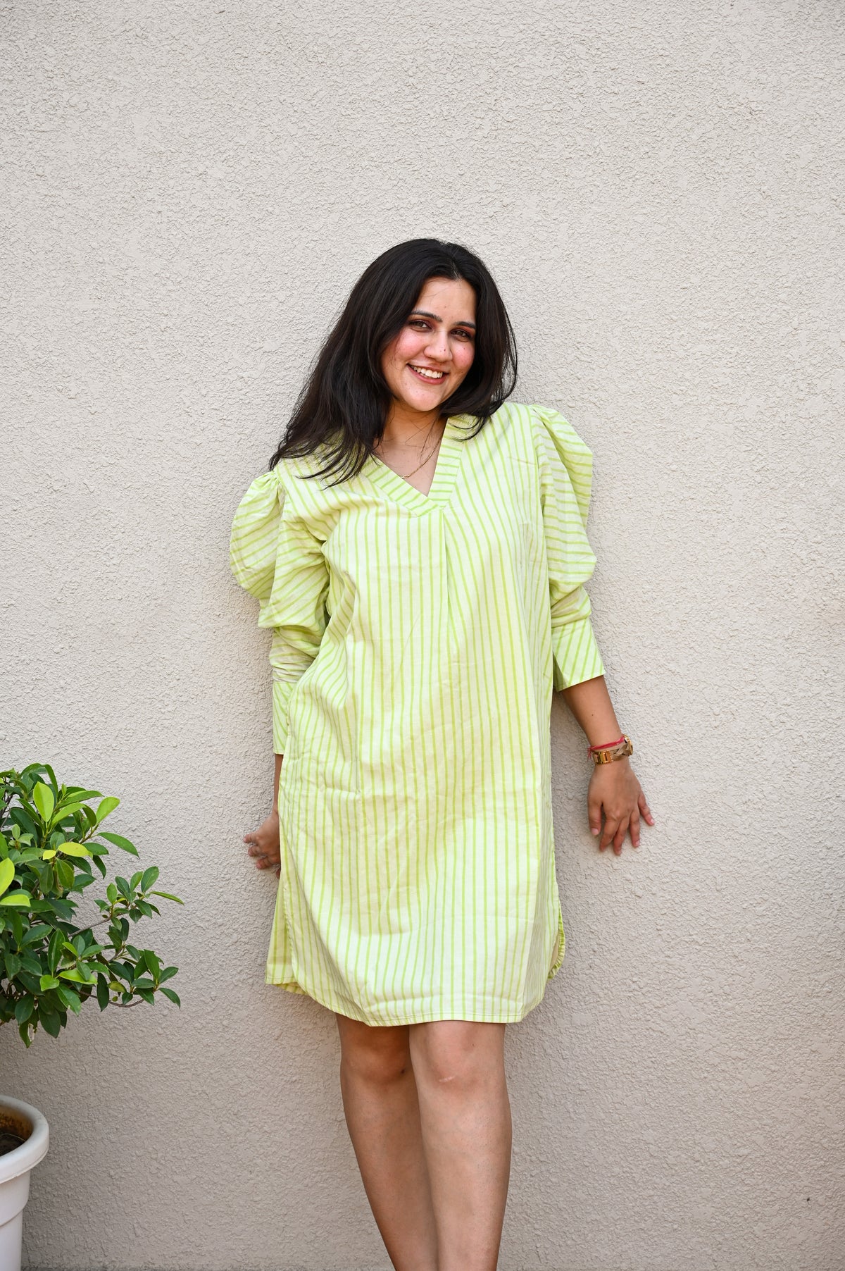Lime Green Striped V-Neck Midi Dress