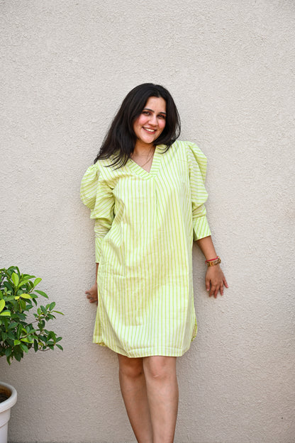 Lime Green Striped V-Neck Midi Dress