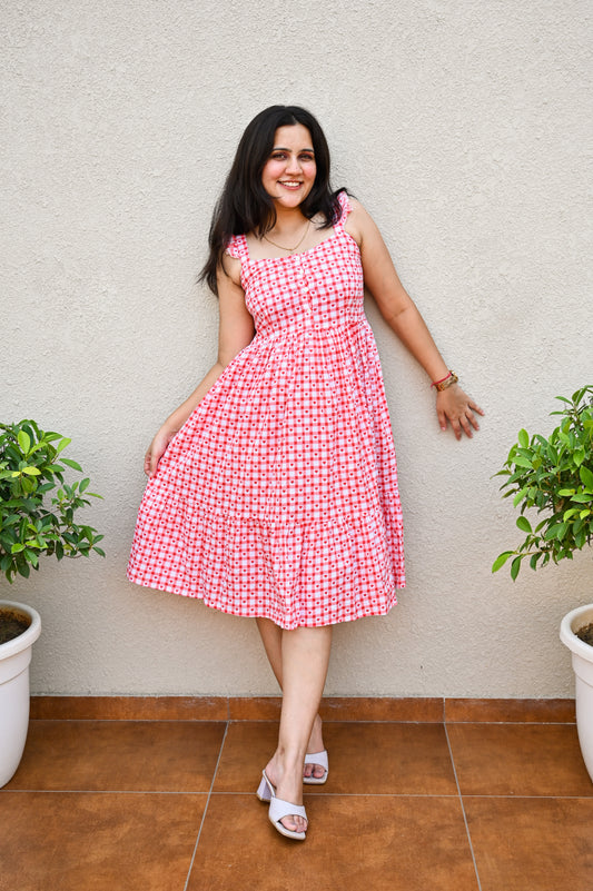 Pink Gingham Heart Print Midi Dress