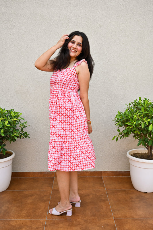 Pink Gingham Heart Print Midi Dress