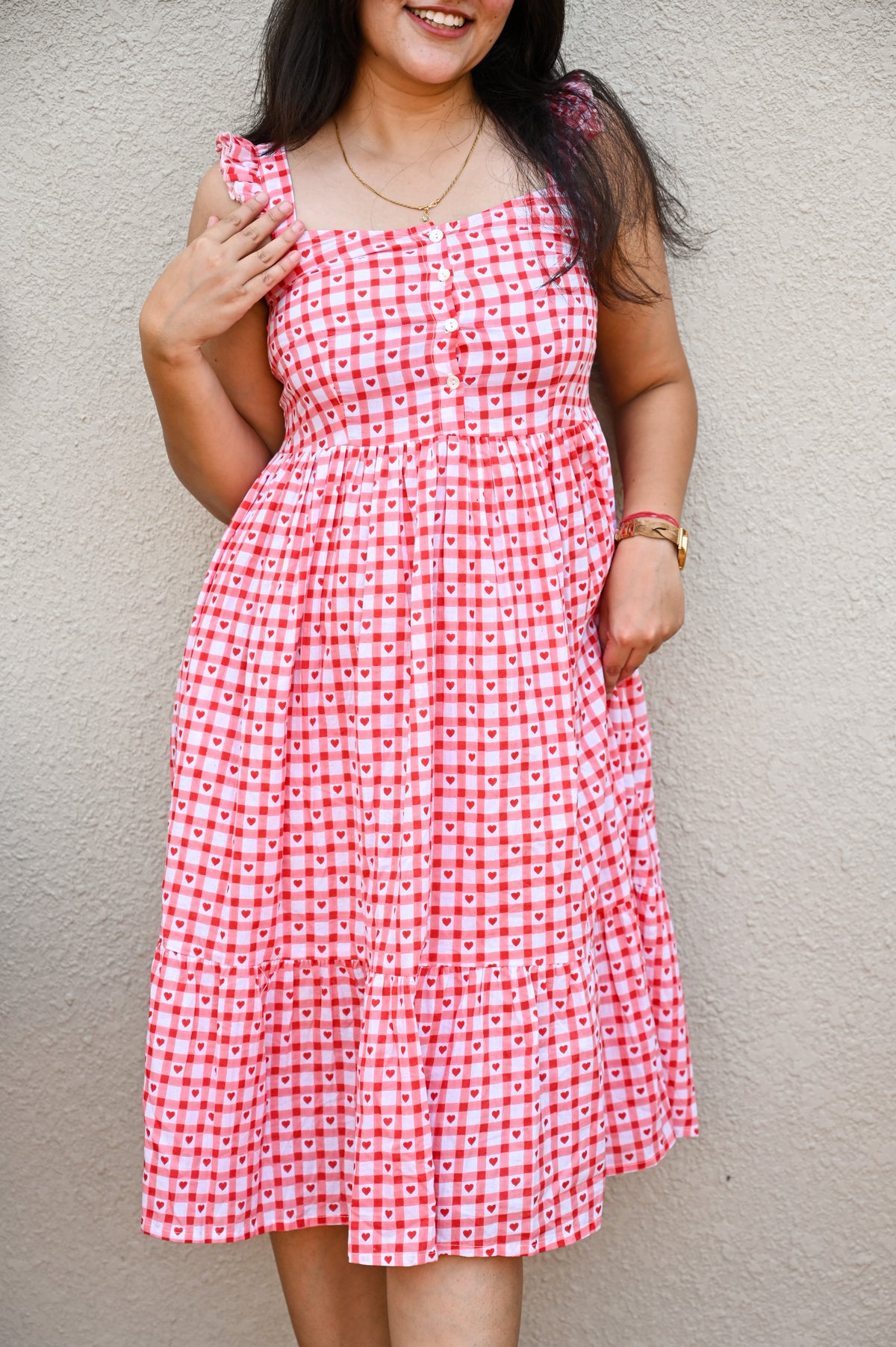 Pink Gingham Heart Print Midi Dress