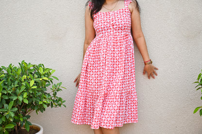 Pink Gingham Heart Print Midi Dress