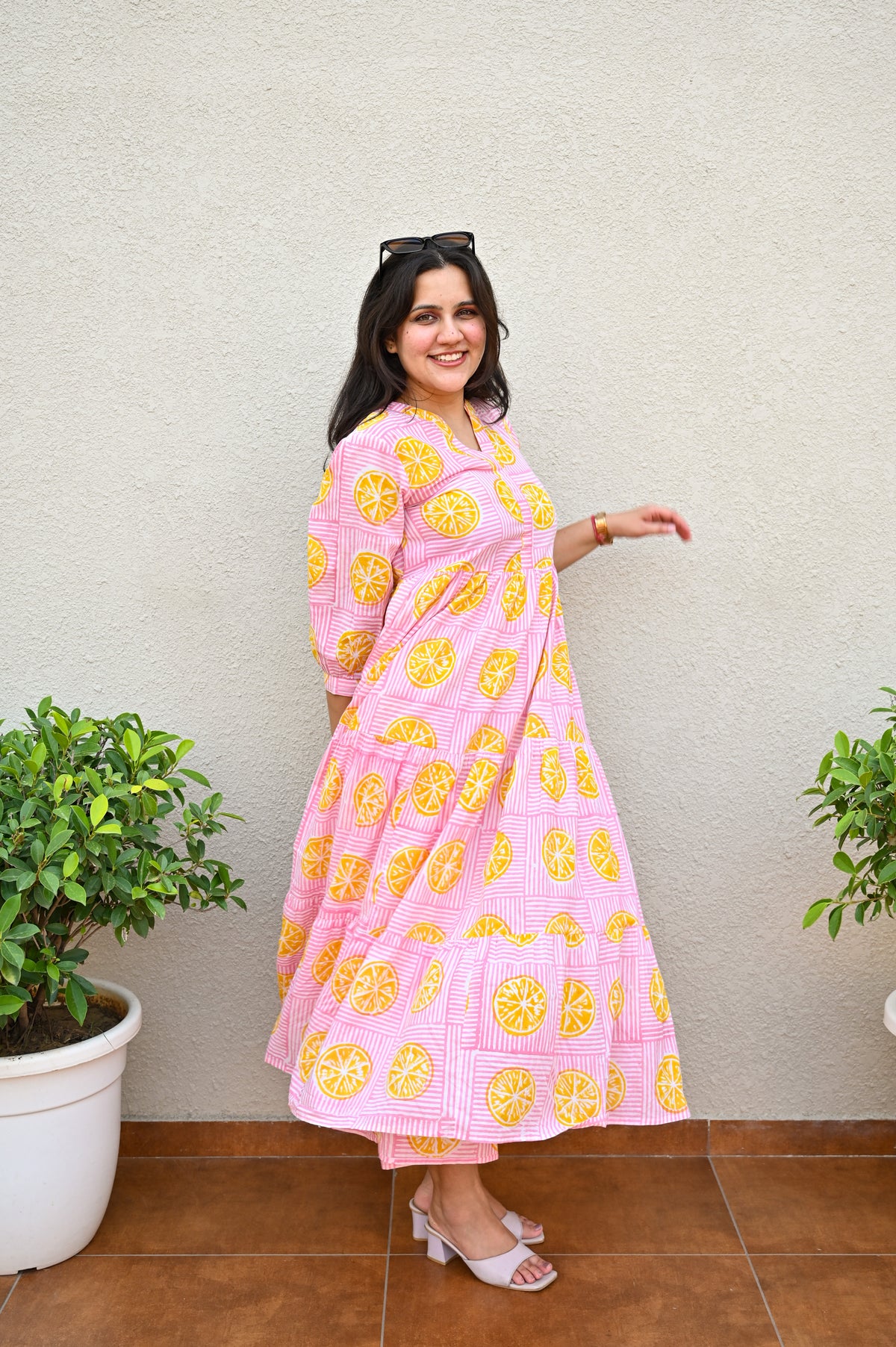 Elegant Lemon Print Tiered Maxi Dress
