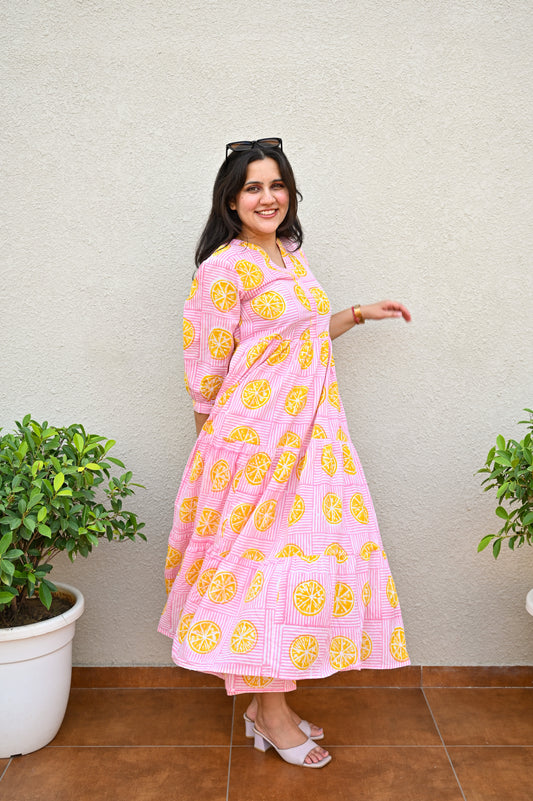 Elegant Lemon Print Tiered Maxi Dress
