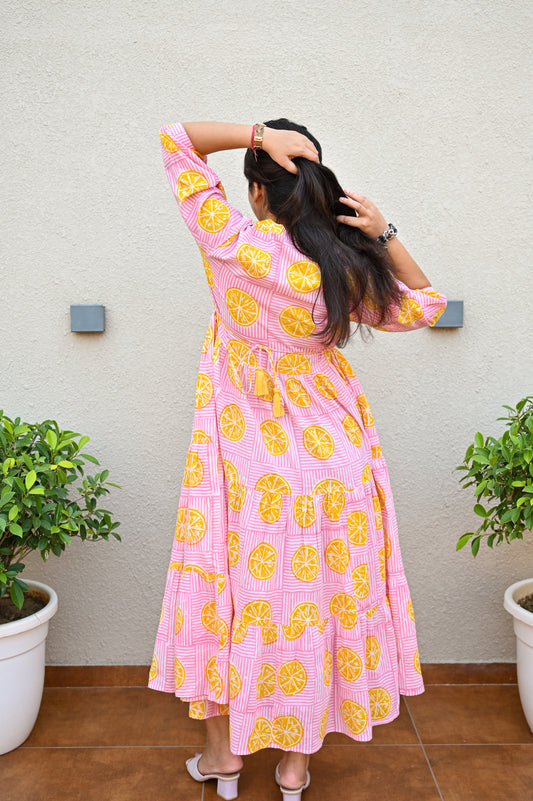 Elegant Lemon Print Tiered Maxi Dress