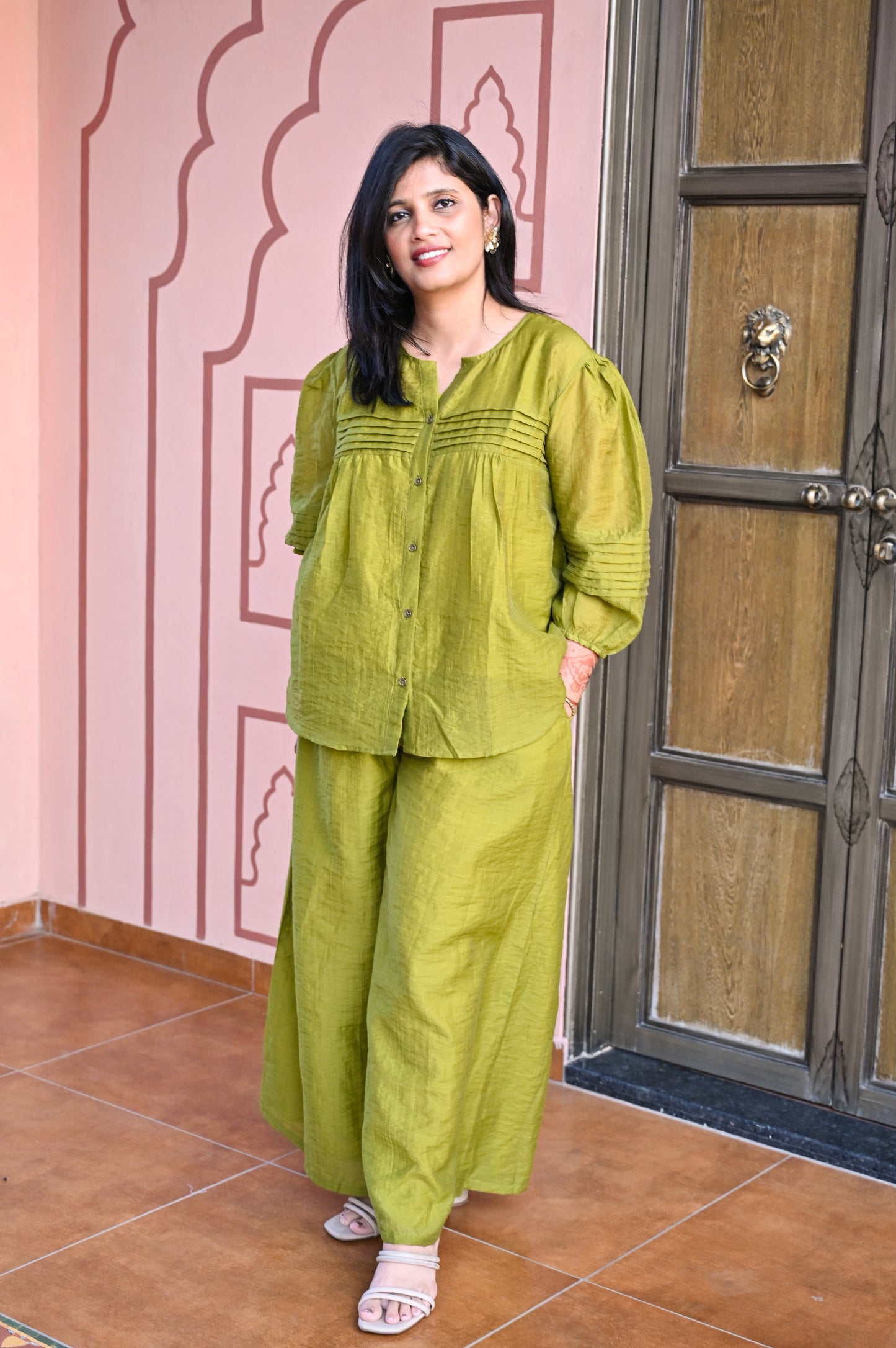 Olive Green Detail Pleated Co-ord Set