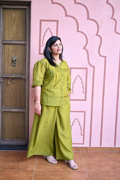 Olive Green Detail Pleated Co-ord Set