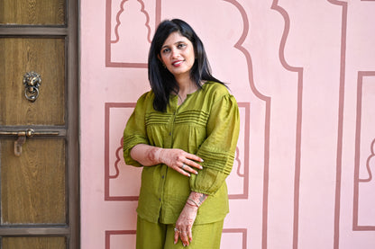 Olive Green Detail Pleated Co-ord Set