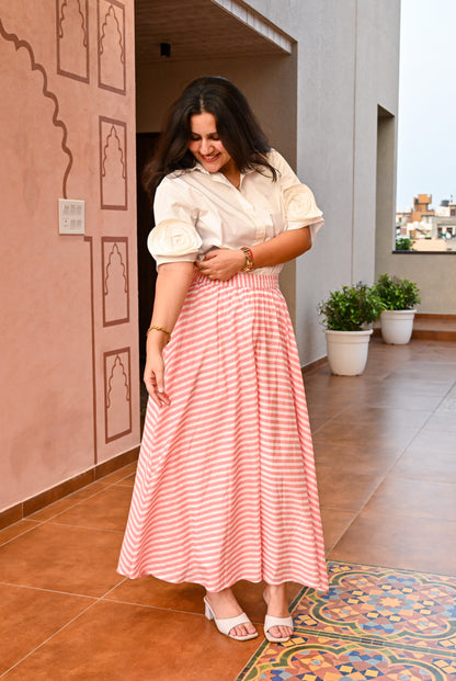 Elegant Pink & White Striped Skirt Set