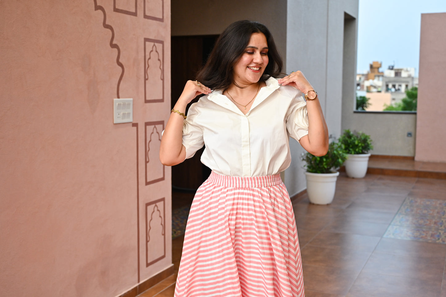 Elegant Pink & White Striped Skirt Set