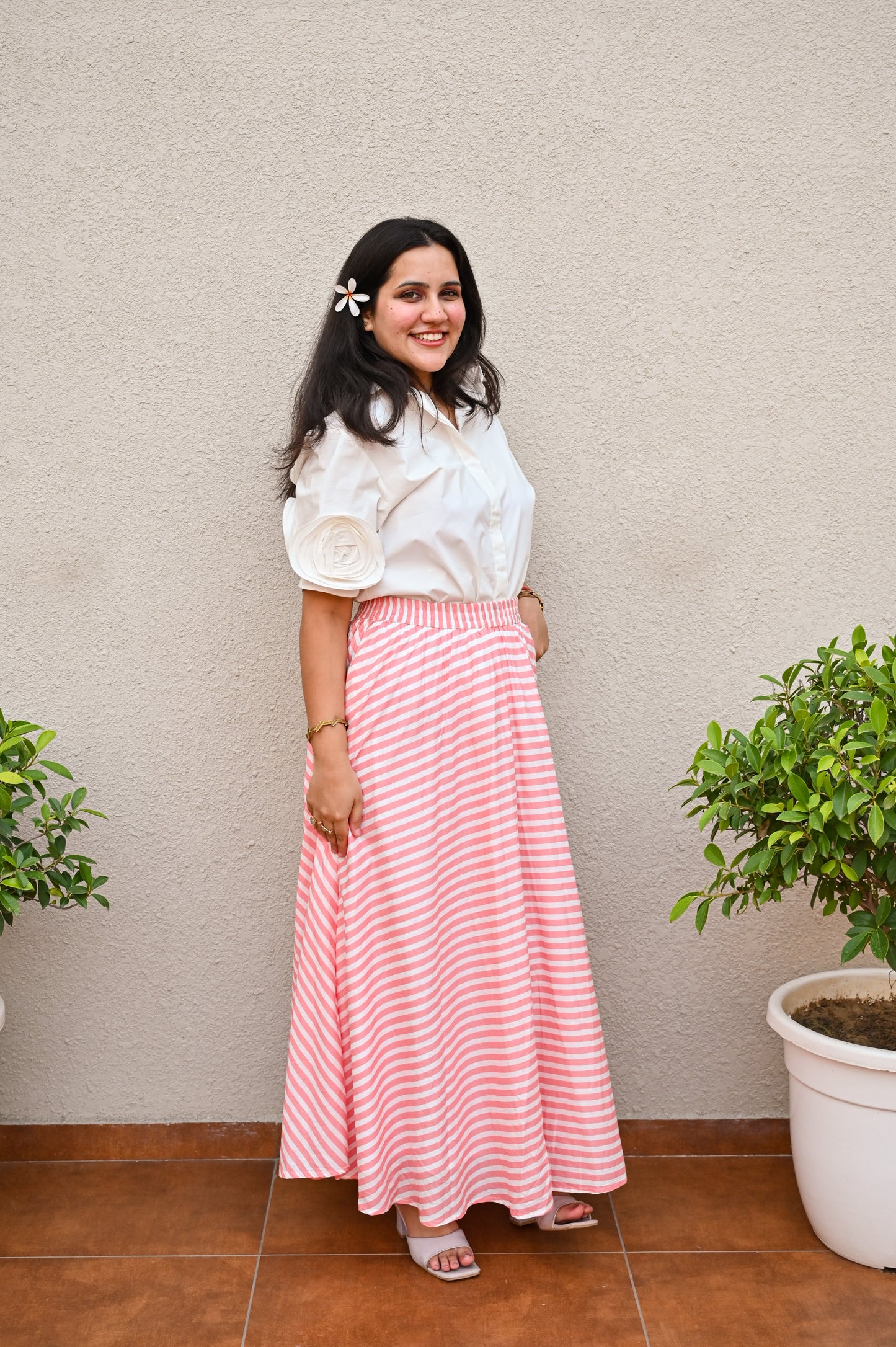 Elegant Pink & White Striped Skirt Set