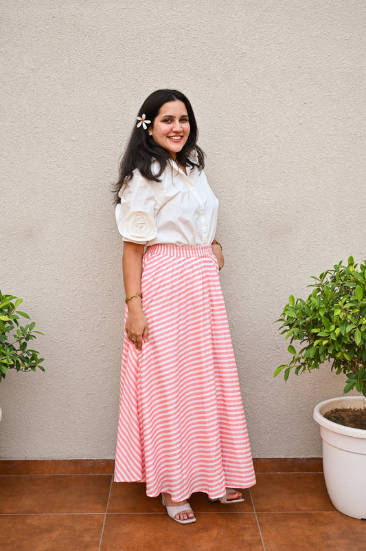 Elegant Pink & White Striped Skirt Set