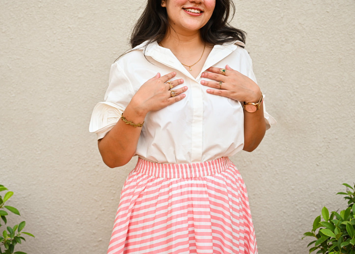Elegant Pink & White Striped Skirt Set