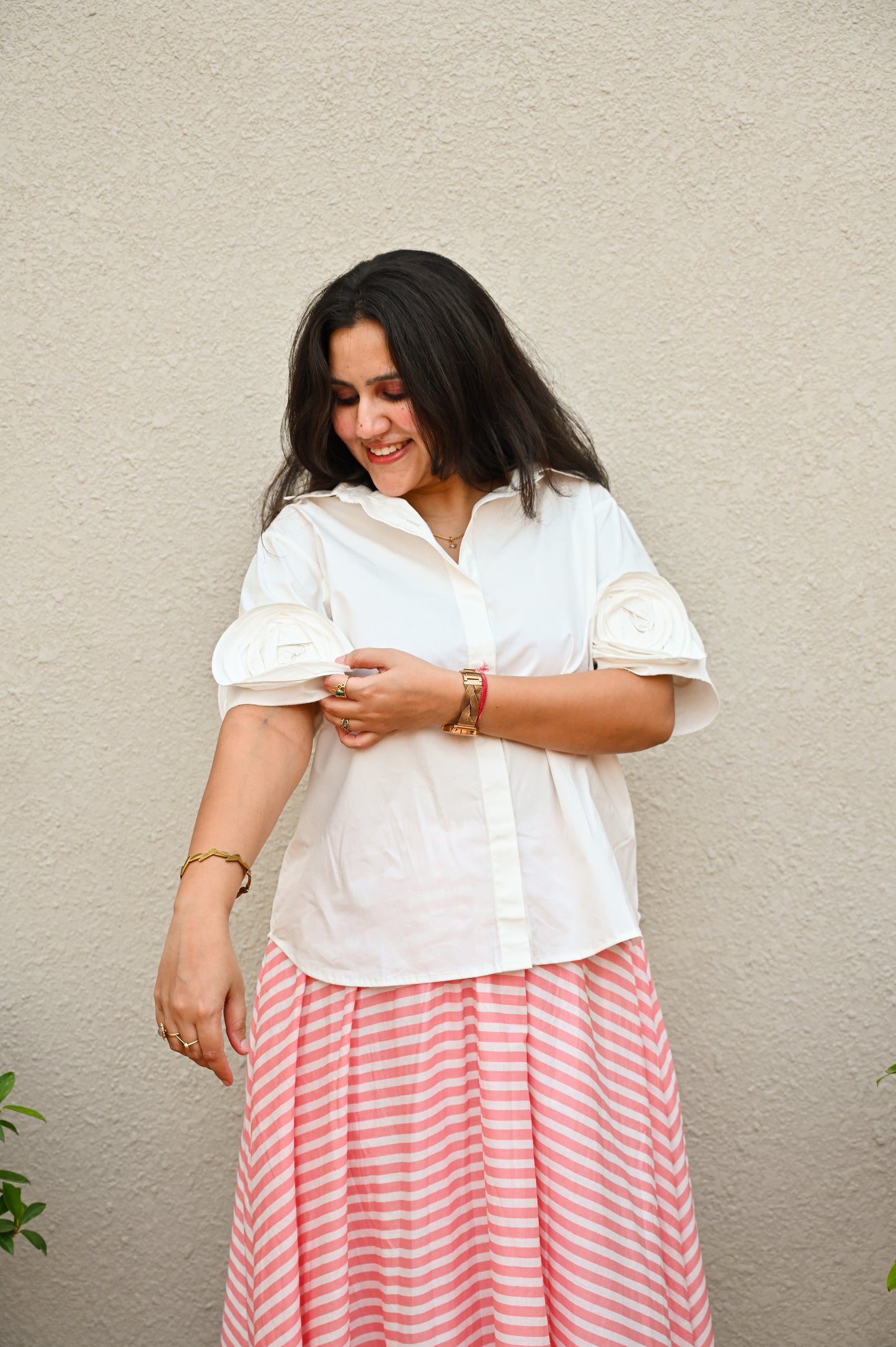 Elegant Pink & White Striped Skirt Set