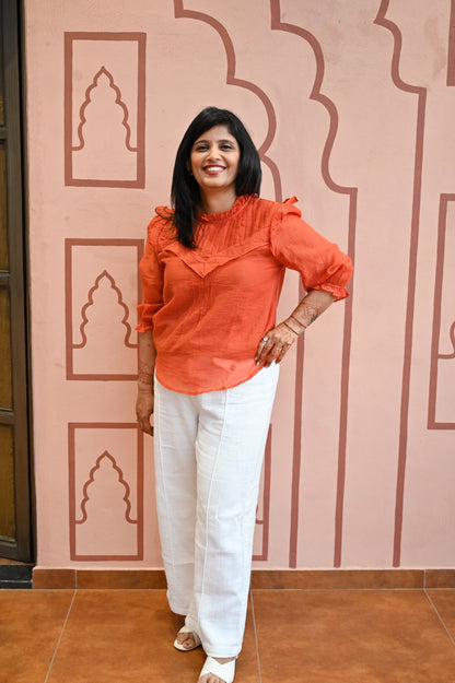 Orange Pleated Ruffle Sleeve Top