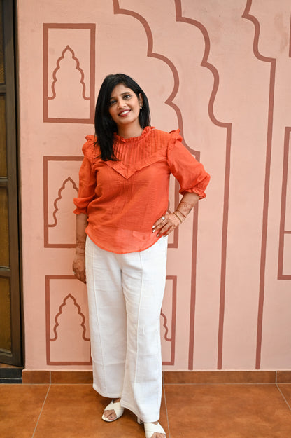Orange Pleated Ruffle Sleeve Top