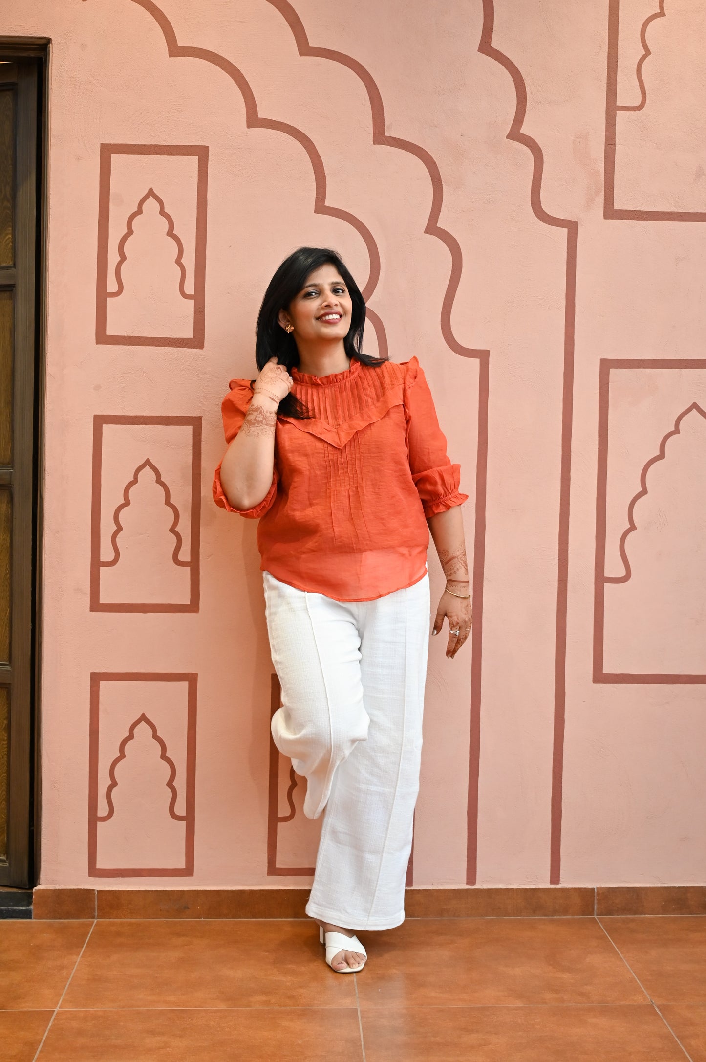 Orange Pleated Ruffle Sleeve Top