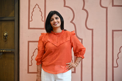 Orange Pleated Ruffle Sleeve Top
