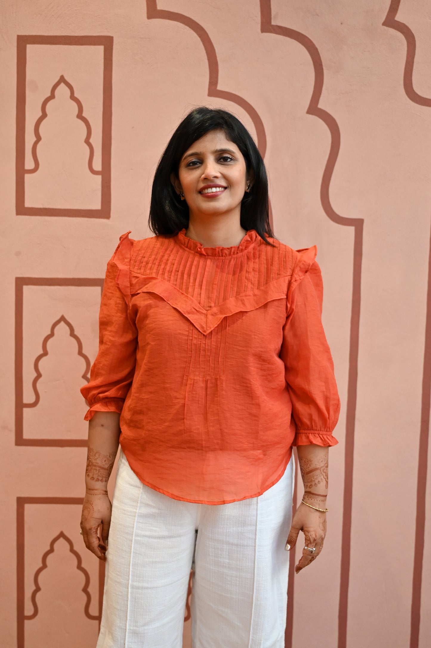 Orange Pleated Ruffle Sleeve Top