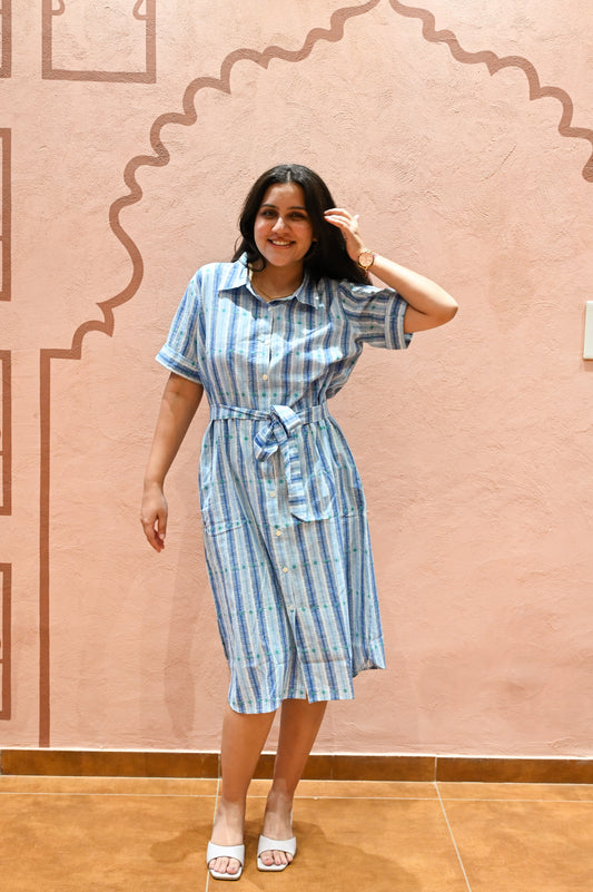 Blue Striped Tie Waist Midi Dress