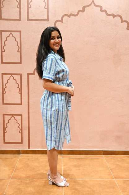 Blue Striped Tie Waist Midi Dress