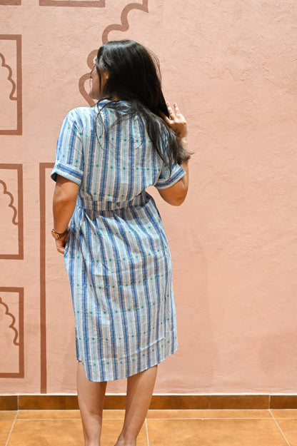 Blue Striped Tie Waist Midi Dress