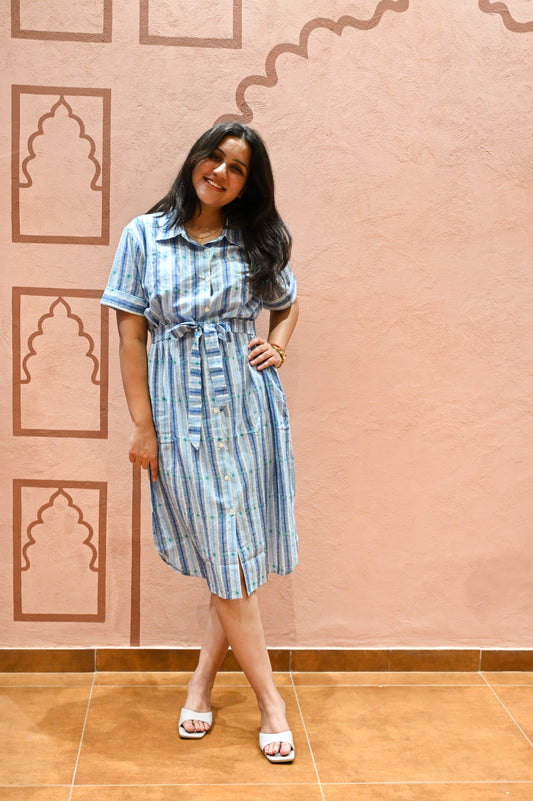 Blue Striped Tie Waist Midi Dress
