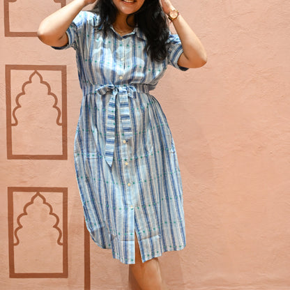 Blue Striped Tie Waist Midi Dress