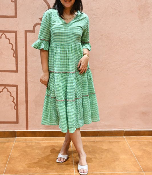 Green Gingham Tiered Midi Dress