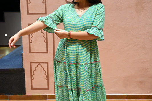 Green Gingham Tiered Midi Dress