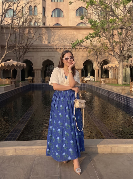Indigo Bloom Skirt Top Set