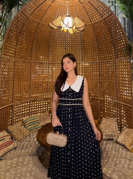 Navy Polka Dot Sleeveless Vintage Dress
