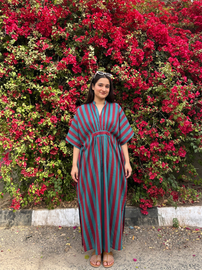 Mehroon & Turquoise Striped Kaftan Dress