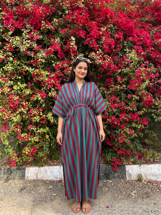 Mehroon & Turquoise Striped Kaftan Dress