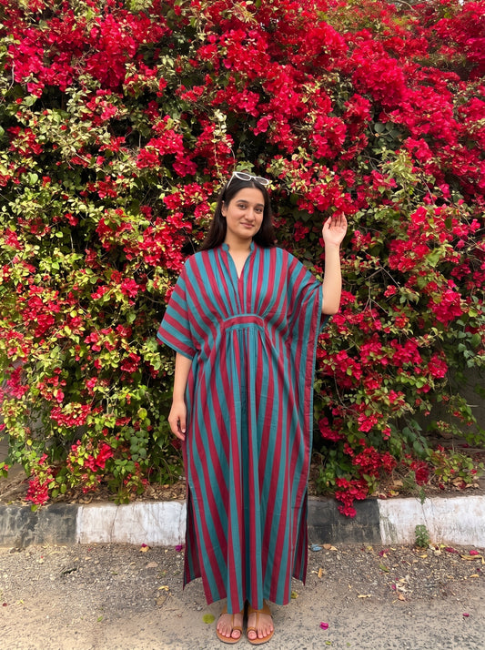 Mehroon & Turquoise Striped Kaftan Dress