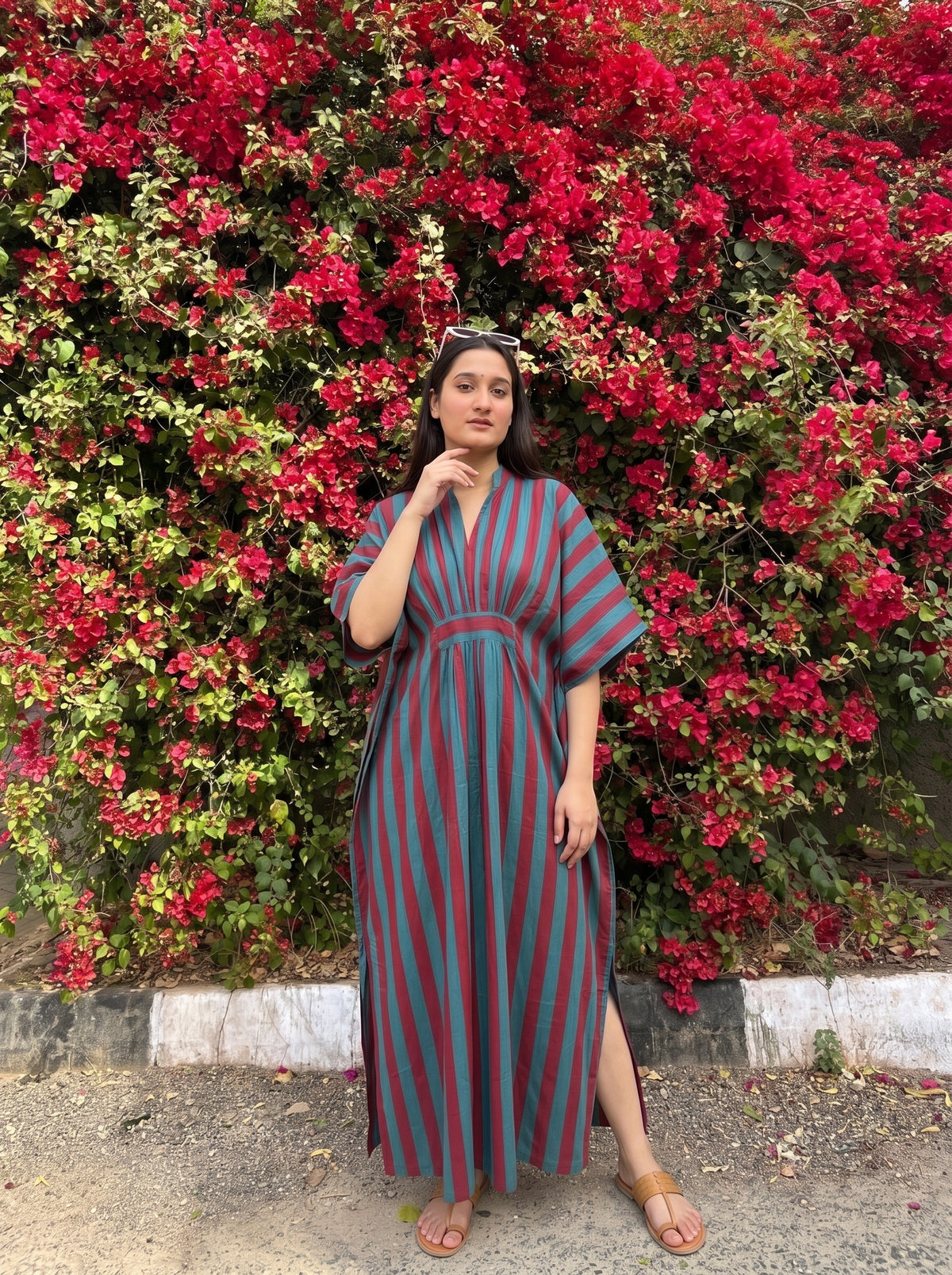 Mehroon & Turquoise Striped Kaftan Dress