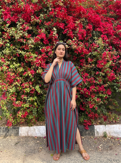 Mehroon & Turquoise Striped Kaftan Dress