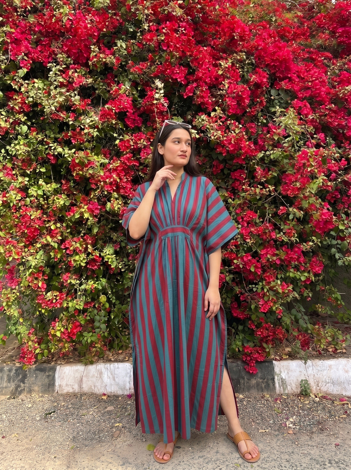 Mehroon & Turquoise Striped Kaftan Dress