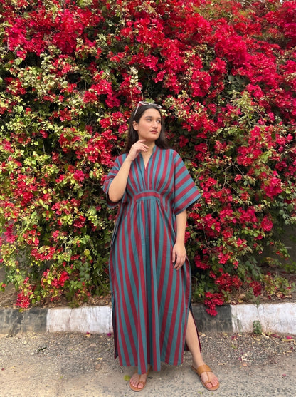 Mehroon & Turquoise Striped Kaftan Dress