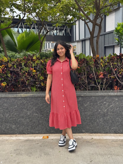 Red Checkered Button Midi Dress
