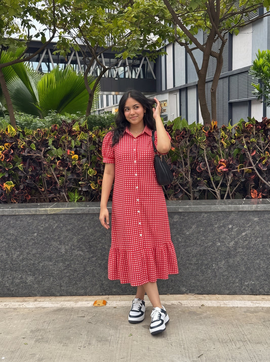Red Checkered Button Midi Dress