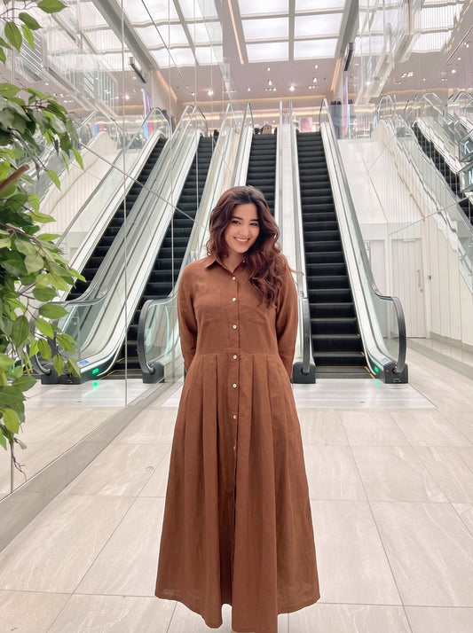 Cinnamon Brown Pleated Shirt Maxi Dress