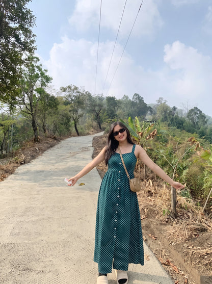 Teal Green Polka Dot Button Midi Dress