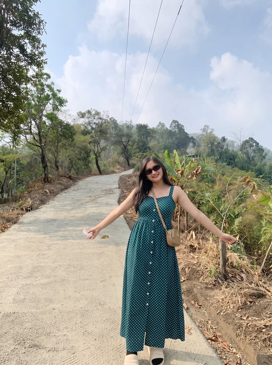 Teal Green Polka Dot Button Midi Dress