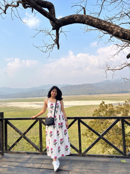 White Floral Print Button Midi Dress