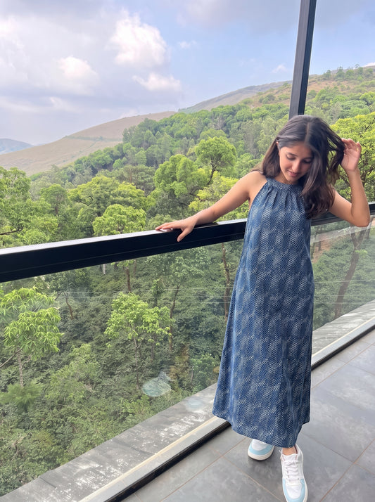 Blue Chevron Printed Halter Maxi Dress